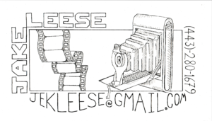 Hand-drawn business card design for Jake Leese featuring a vintage bellows camera, film strip, and contact information