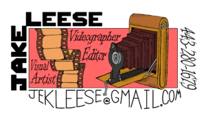 Hand-drawn business card design for Jake Leese featuring a vintage bellows camera, film strip, and contact information