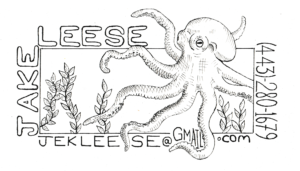 Hand-drawn business card design for Jake Leese featuring an octopus illustration and phone number