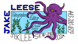 Jake Leese Videographer banner design featuring a purple octopus illustration on a blue and white background