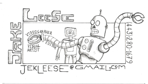 Jake Leese videographer, editor, and visual artist hand-drawn robot business card illustration with contact details