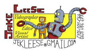 Jake Leese Videographer cartoon banner featuring a retro robot illustration on a yellow and black background