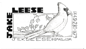 Hand-drawn business card design for Jake Leese featuring a cardinal bird illustration and contact info