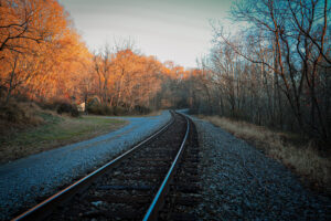 Cinematic landscape of a winding railroad track passing through a forest with autumn foliage and bare winter trees
